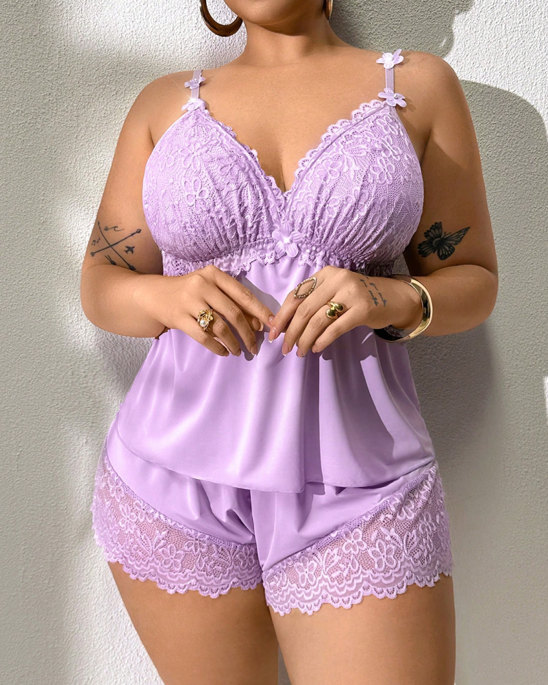 Plus Size Light Blue Satin Pajama Set with Lace Trim-Pajama Set-Bellascena-bellascena