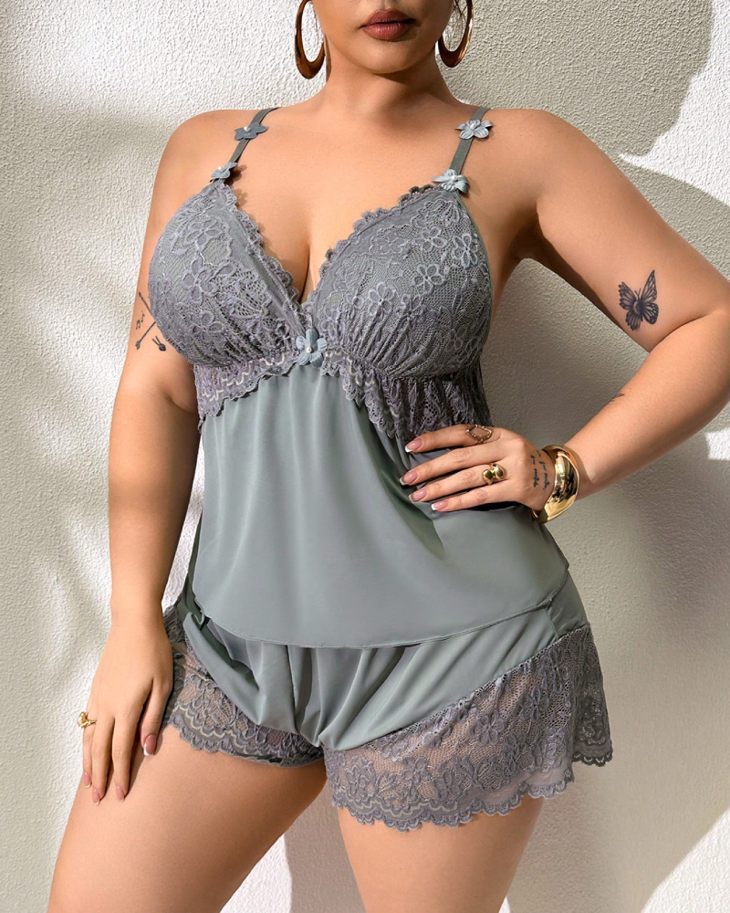Plus Size Light Blue Satin Pajama Set with Lace Trim-Pajama Set-Bellascena-bellascena
