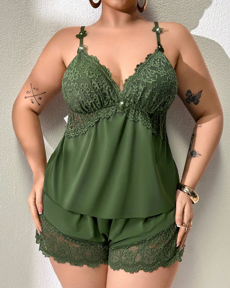 Plus Size Light Blue Satin Pajama Set with Lace Trim-Pajama Set-Bellascena-bellascena