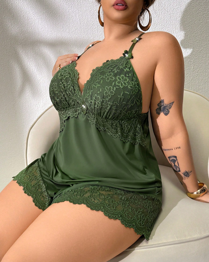 Plus Size Light Blue Satin Pajama Set with Lace Trim-Pajama Set-Bellascena-bellascena