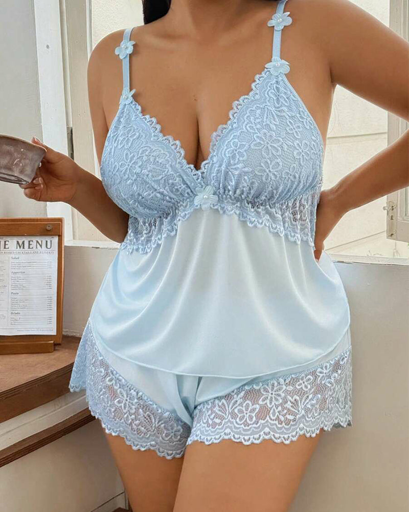 Plus Size Light Blue Satin Pajama Set with Lace Trim-Pajama Set-Bellascena-bellascena