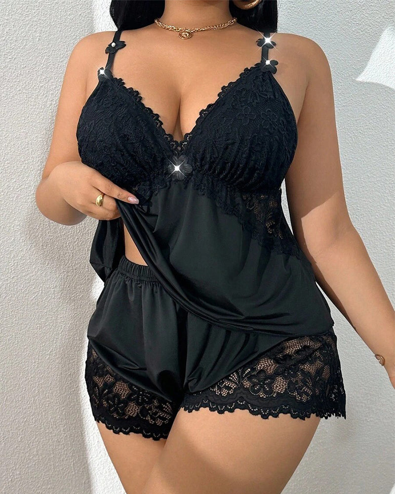 Plus Size Light Blue Satin Pajama Set with Lace Trim-Pajama Set-Bellascena-bellascena