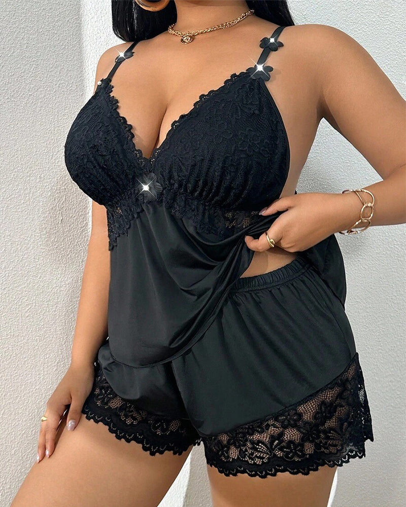 Plus Size Light Blue Satin Pajama Set with Lace Trim-Pajama Set-Bellascena-Black-L-bellascena