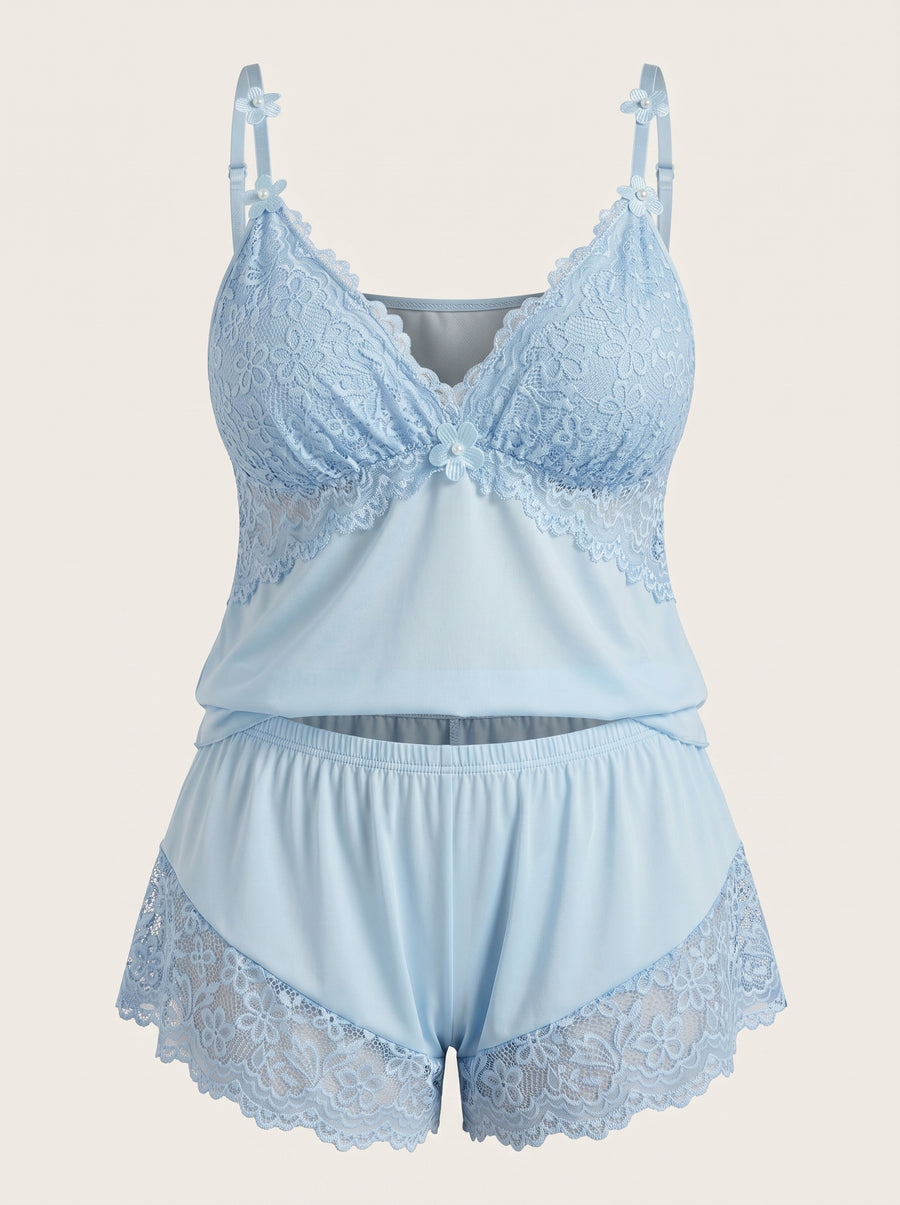 Plus Size Light Blue Satin Pajama Set with Lace Trim-Pajama Set-Bellascena-Light Blue-L-bellascena