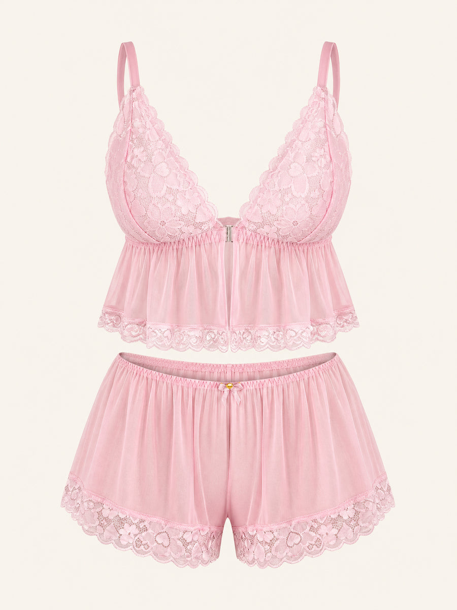 Plus Size Light Pink Lace Pajama Set with Floral Trim-Pajama Set-Bellascena-Pink-XL-bellascena