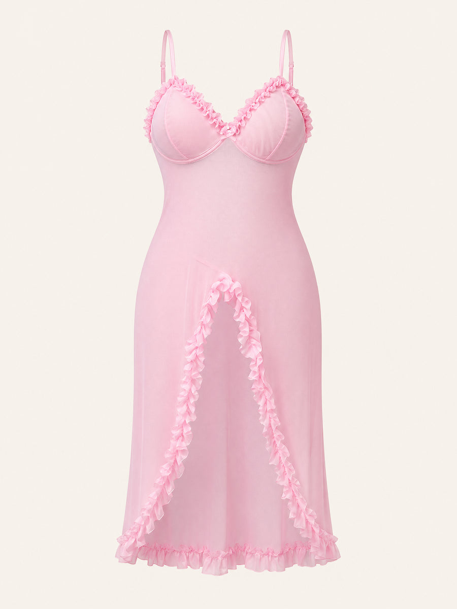 Plus Size Light Pink Sheer Mesh Dress with High Slits-Nightgown-Bellascena-Pink-S-bellascena