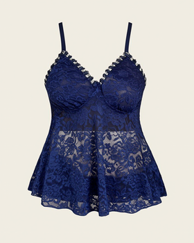 Plus Size Navy Blue Lace Camisole Set with Sheer Elegance-Lingerie Set-Bellascena-bellascena