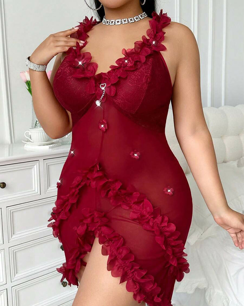 Plus Size Pink Floral Lace Nightgown with Spaghetti Strap Elegance-Nightgown-Bellascena-bellascena