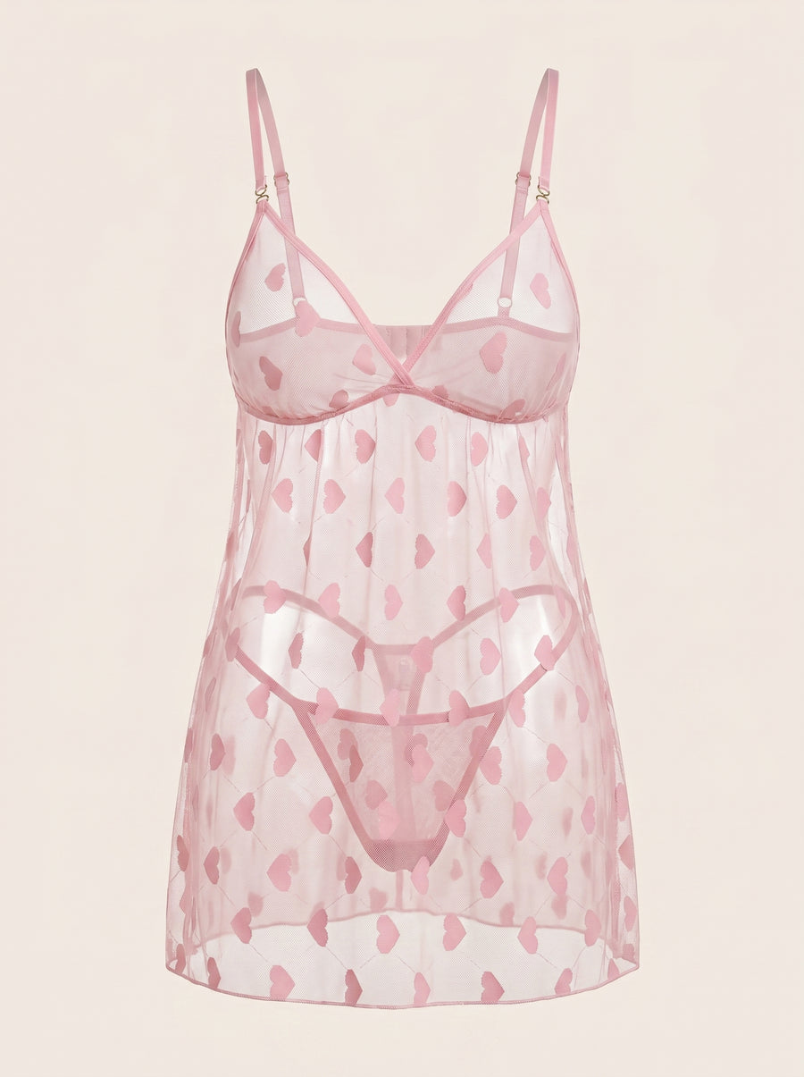 Plus Size Pink Heart Print Mesh Babydoll with Strappy Sheer Detail-Lingerie Set-Bellascena-Pink-S-bellascena