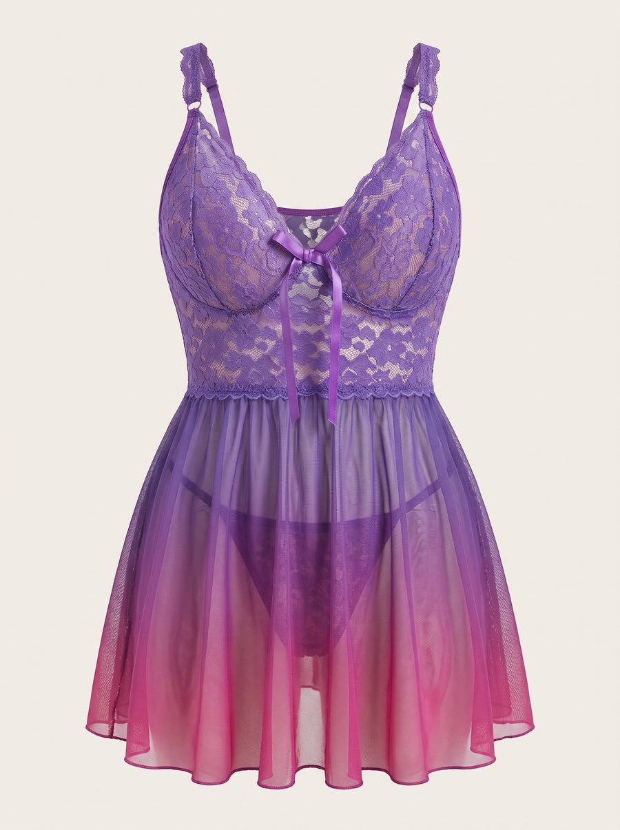 Plus Size Purple and Pink Ombré Lace Nightdress Set with Matching Thong-Nightgown-Bellascena-bellascena