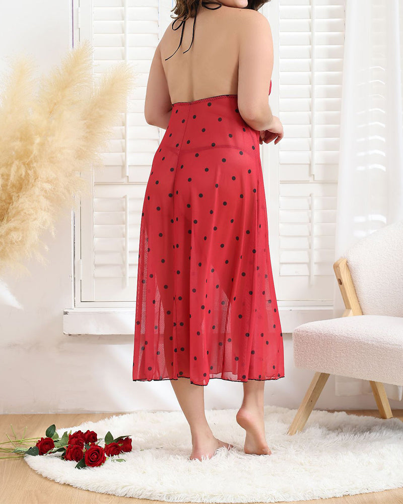 Plus Size Red Polka Dot Sheer Maxi Dress with Bow Detail-Nightgown-Bellascena-bellascena