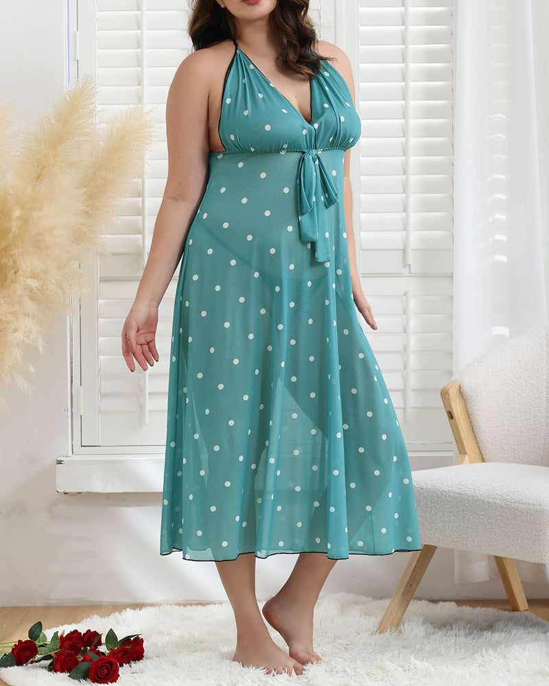 Plus Size Red Polka Dot Sheer Maxi Dress with Bow Detail-Nightgown-Bellascena-Light Blue-XL-bellascena