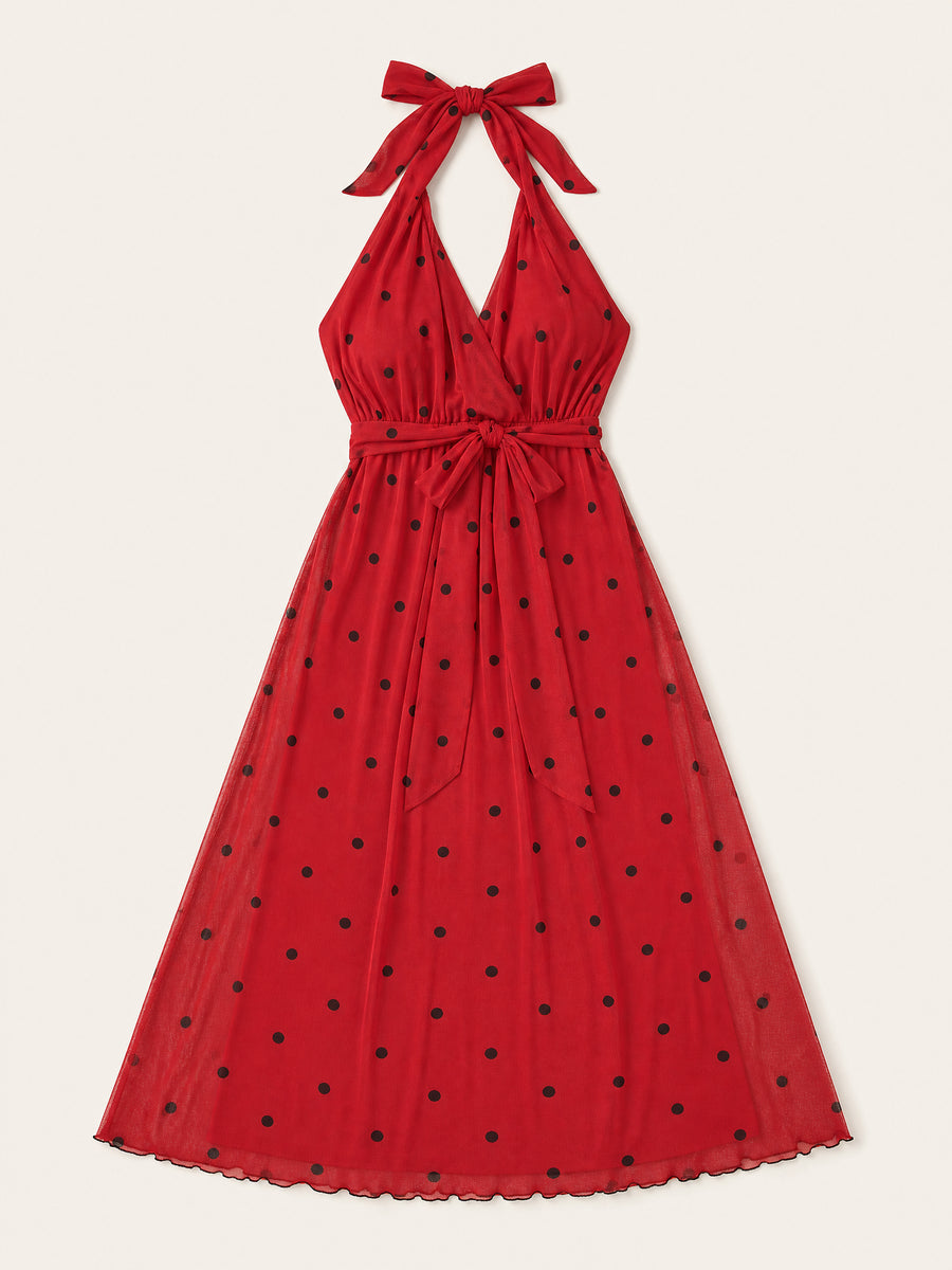 Plus Size Red Polka Dot Sheer Maxi Dress with Bow Detail-Nightgown-Bellascena-bellascena