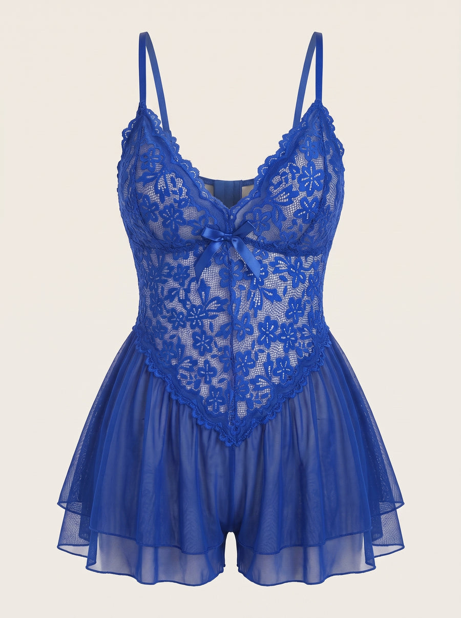 Plus Size Royal Blue Lace Bodysuit with Floral Detail-Bodysuit-Bellascena-Blue-L-bellascena