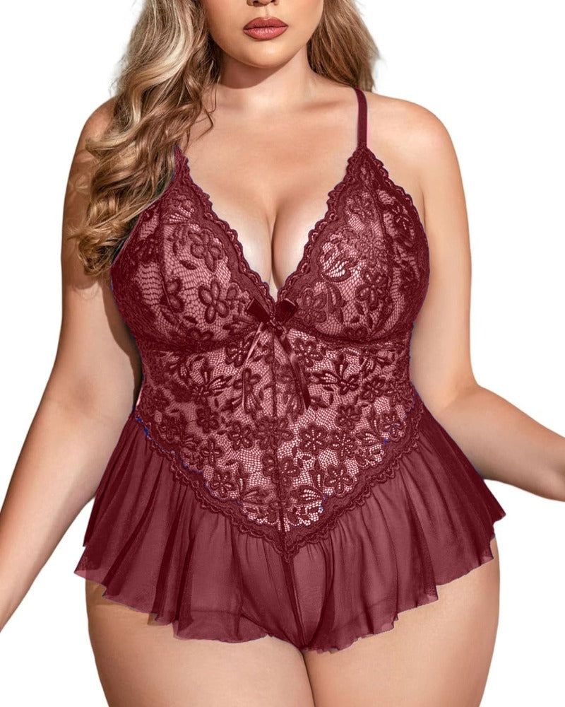 Plus Size Royal Blue Lace Bodysuit with Floral Detail-Bodysuit-Bellascena-Maroon-L-bellascena