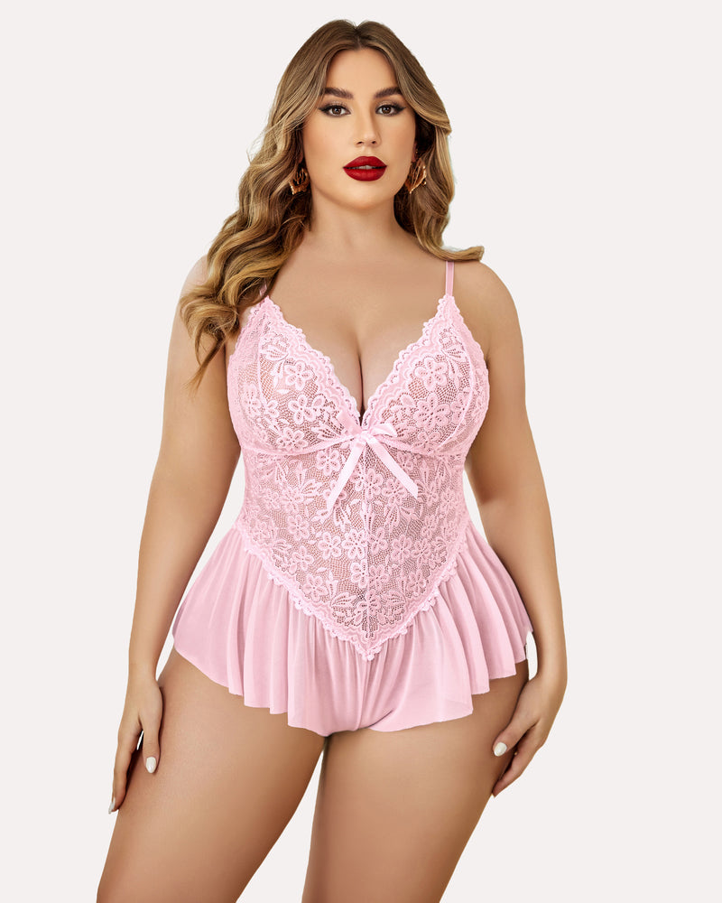 Plus Size Royal Blue Lace Bodysuit with Floral Detail-Bodysuit-Bellascena-Pink-L-bellascena