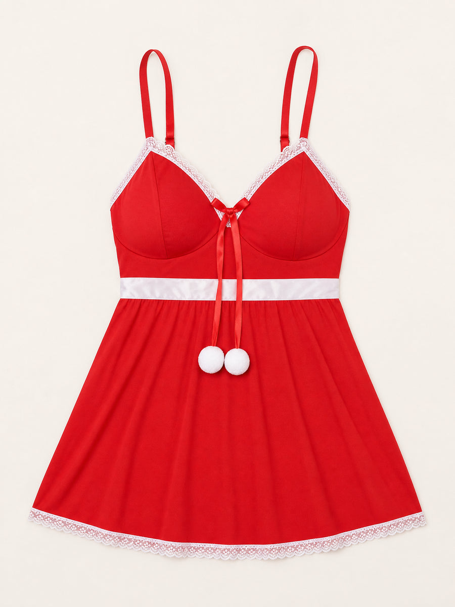 Plus Size Solid Red Mesh Babydoll with Lace Trim Details-Lingerie Set-Bellascena-bellascena