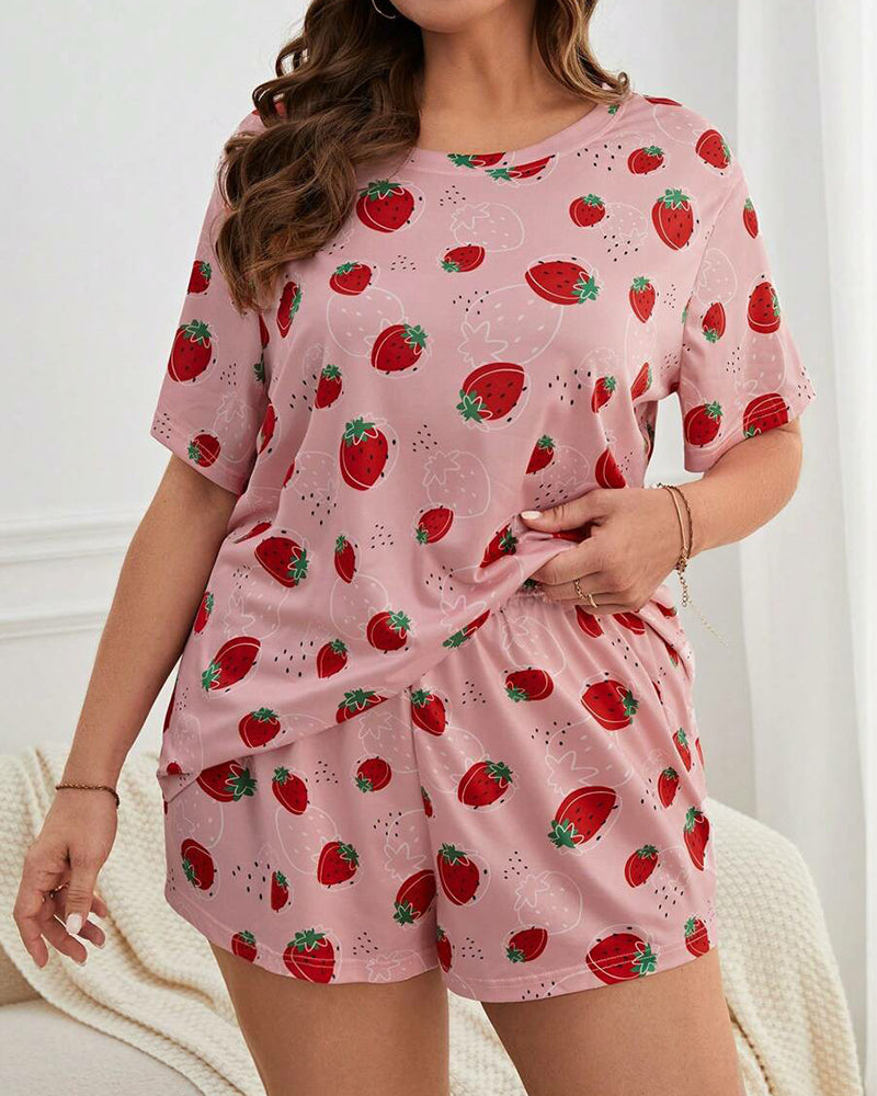 Plus Size Strawberry Print Cotton Pajama Set with Shorts-Pajama Set-Bellascena-bellascena