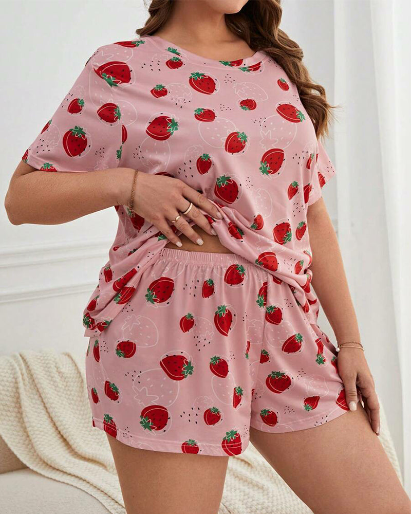 Plus Size Strawberry Print Cotton Pajama Set with Shorts-Pajama Set-Bellascena-bellascena