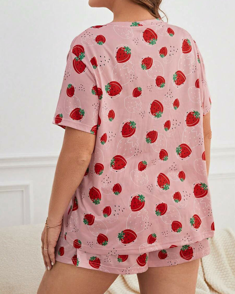 Plus Size Strawberry Print Cotton Pajama Set with Shorts-Pajama Set-Bellascena-bellascena