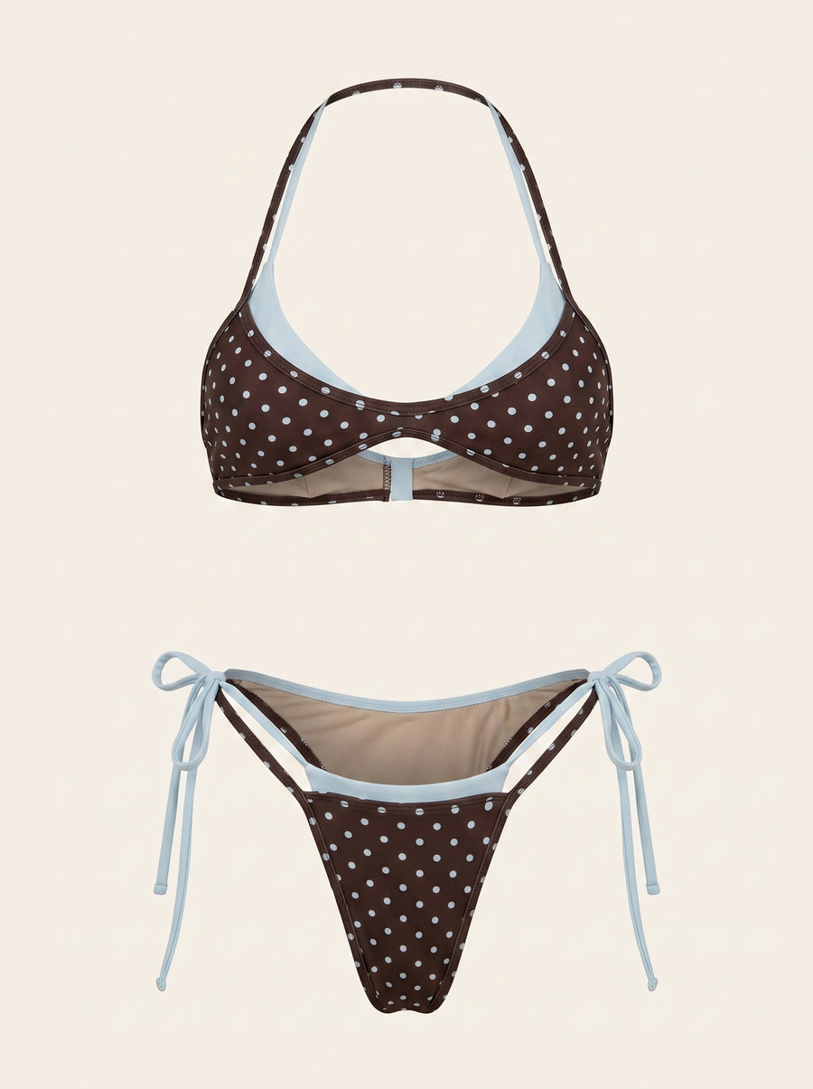Polka Dot Brown Polyester Bikini Set with Tie Detail-Bikini Set-Bellascena-S-Brown-bellascena