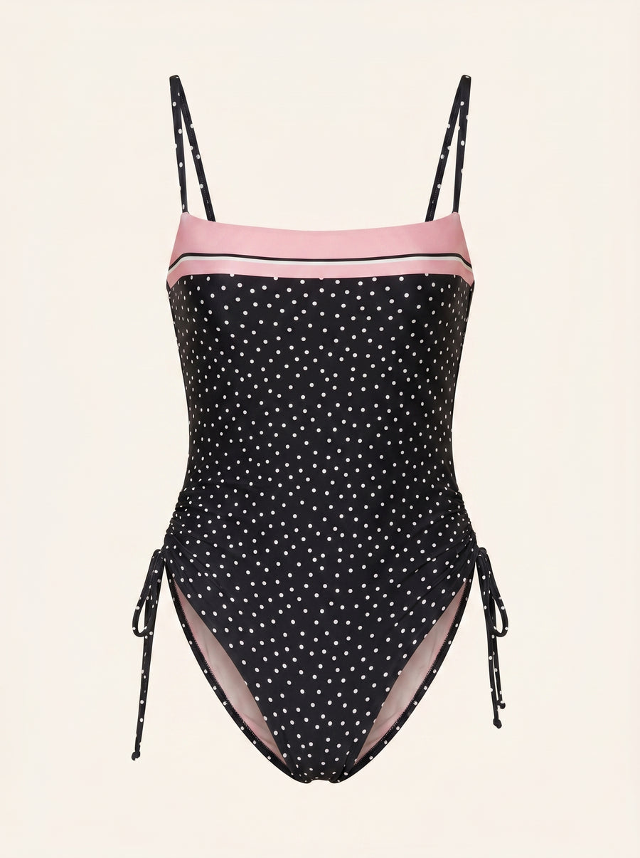 Polka Dot Synthetic One-Piece Swimsuit with Lace-Up Side-One-Piece Swimsuit-Bellascena-bellascena