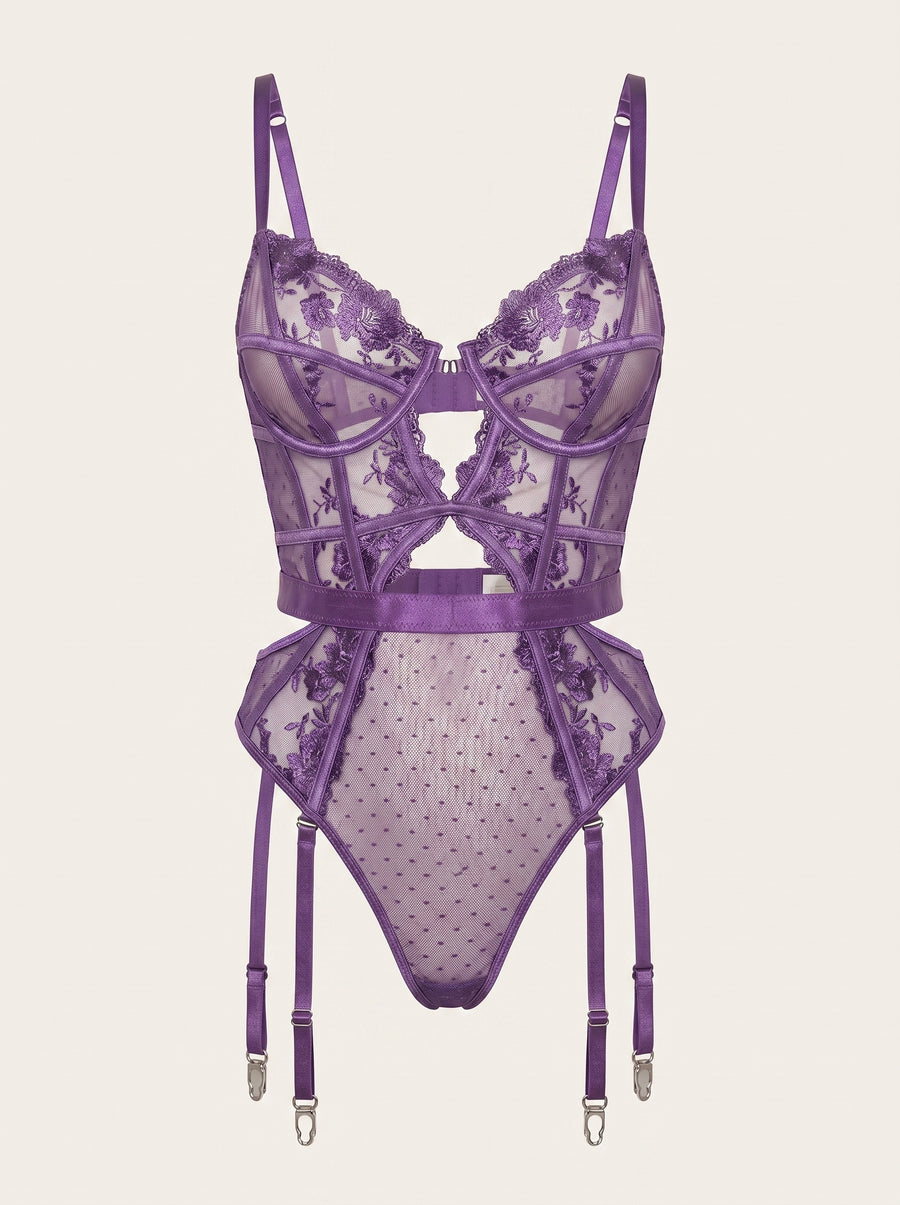 Purple Lace Bodysuit with Strappy Cutout Design-Bodysuit-Bellascena-S-Purple-bellascena