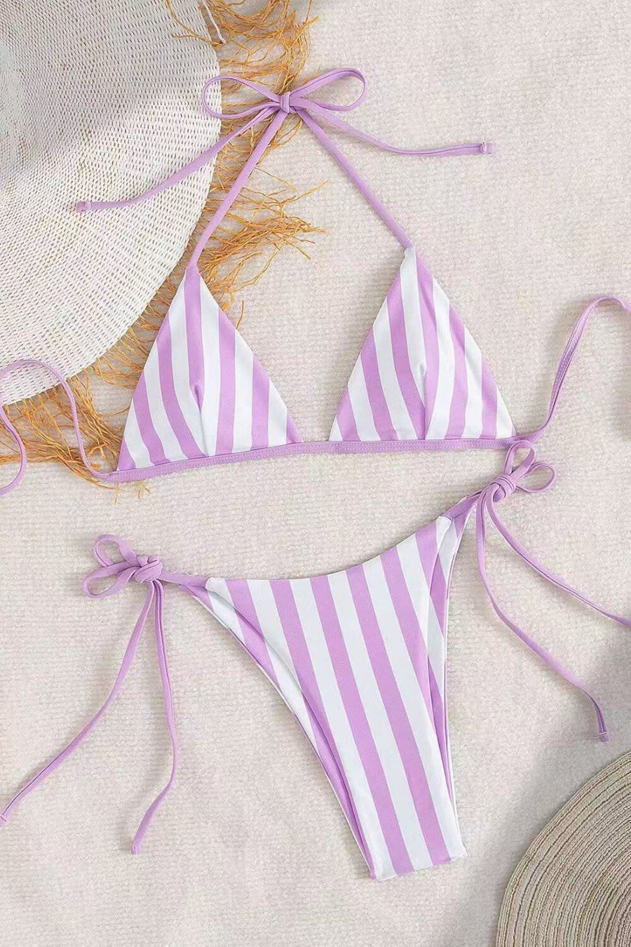 Purple and White Striped Synthetic Bikini Bottom with Tie Sides-Bikini Set-Bellascena-bellascena