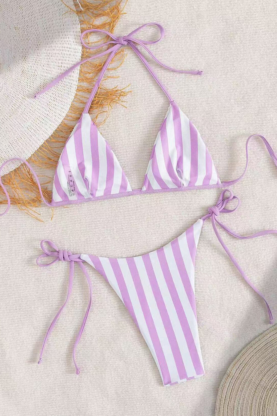 Purple and White Striped Synthetic Bikini Bottom with Tie Sides-Bikini Set-Bellascena-bellascena