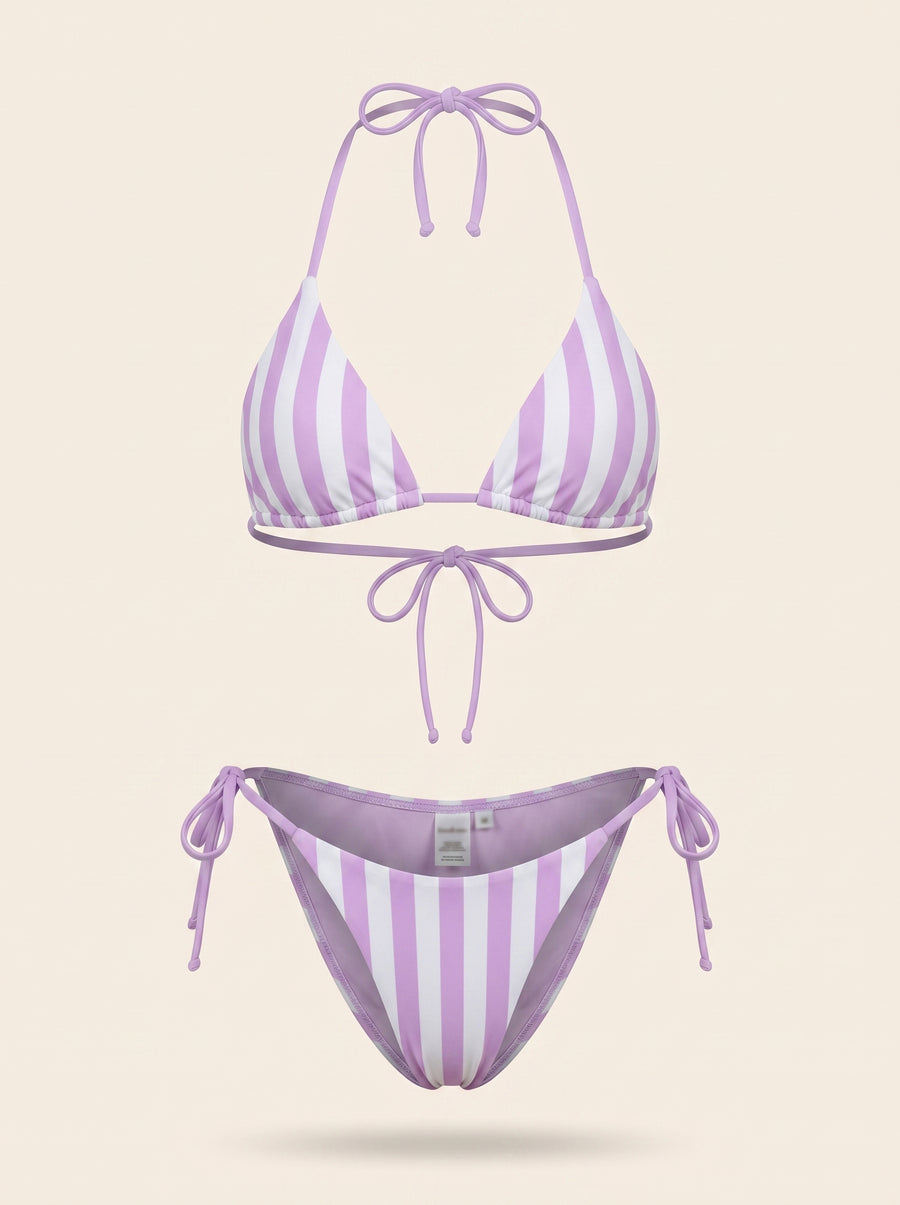 Purple and White Striped Synthetic Bikini Bottom with Tie Sides-Bikini Set-Bellascena-bellascena
