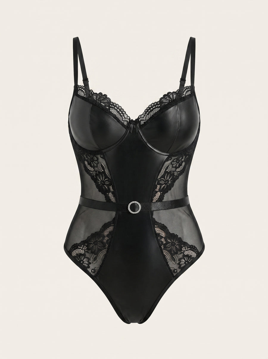 Push-Up Black Satin Bodysuit with Lace Detail-Bodysuit-Bellascena-Black-S-bellascena