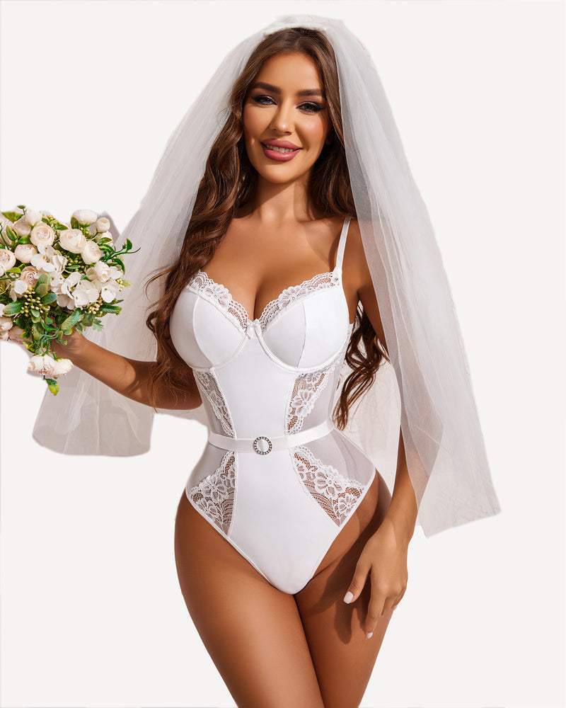 Push-Up Black Satin Bodysuit with Lace Detail-Bodysuit-Bellascena-White-S-bellascena