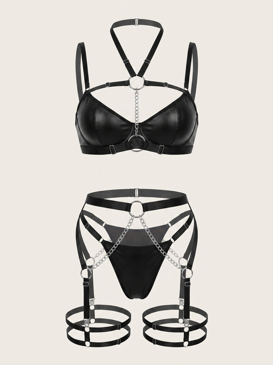 Push-Up Solid Black Satin Bra with Chain Detail-Bra-Bellascena-Black-S-bellascena
