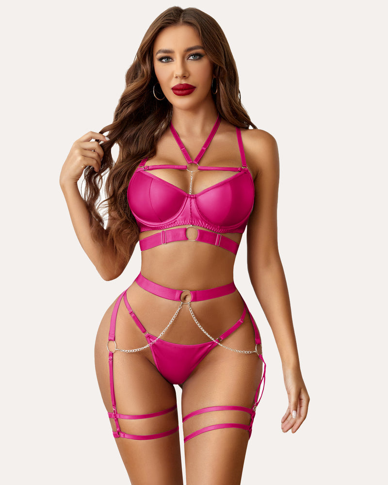 Push-Up Solid Black Satin Bra with Chain Detail-Bra-Bellascena-Dark Pink-S-bellascena