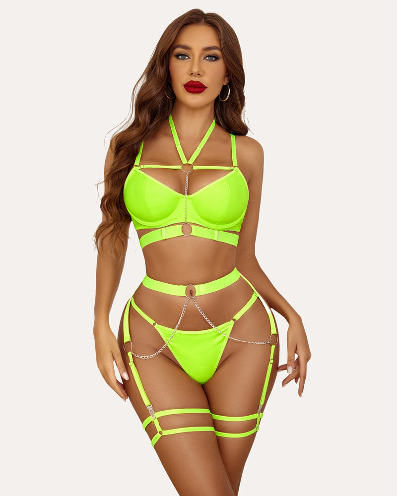 Push-Up Solid Black Satin Bra with Chain Detail-Bra-Bellascena-Neon Green-S-bellascena