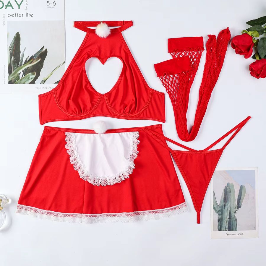 Red Cotton Bodysuit with Heart Cutout and Lace Trim-Bodysuit-Bellascena-bellascena