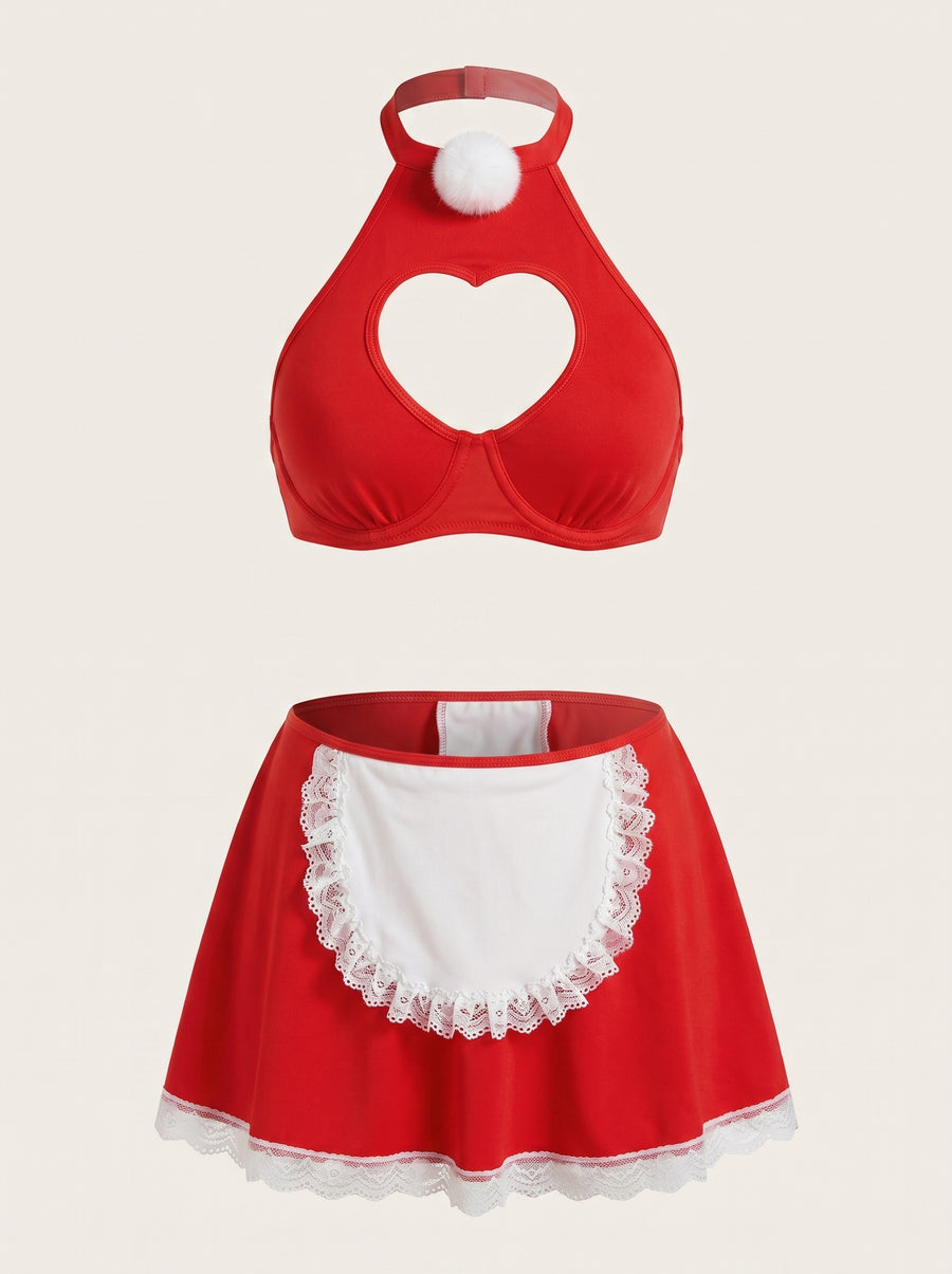 Red Cotton Bodysuit with Heart Cutout and Lace Trim-Bodysuit-Bellascena-S-Red-bellascena