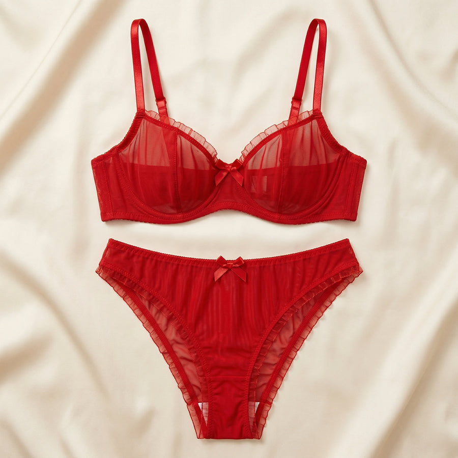 Red Embroidered Mesh Lingerie Set with Ruffle Detail-Lingerie Set-Bellascena-bellascena