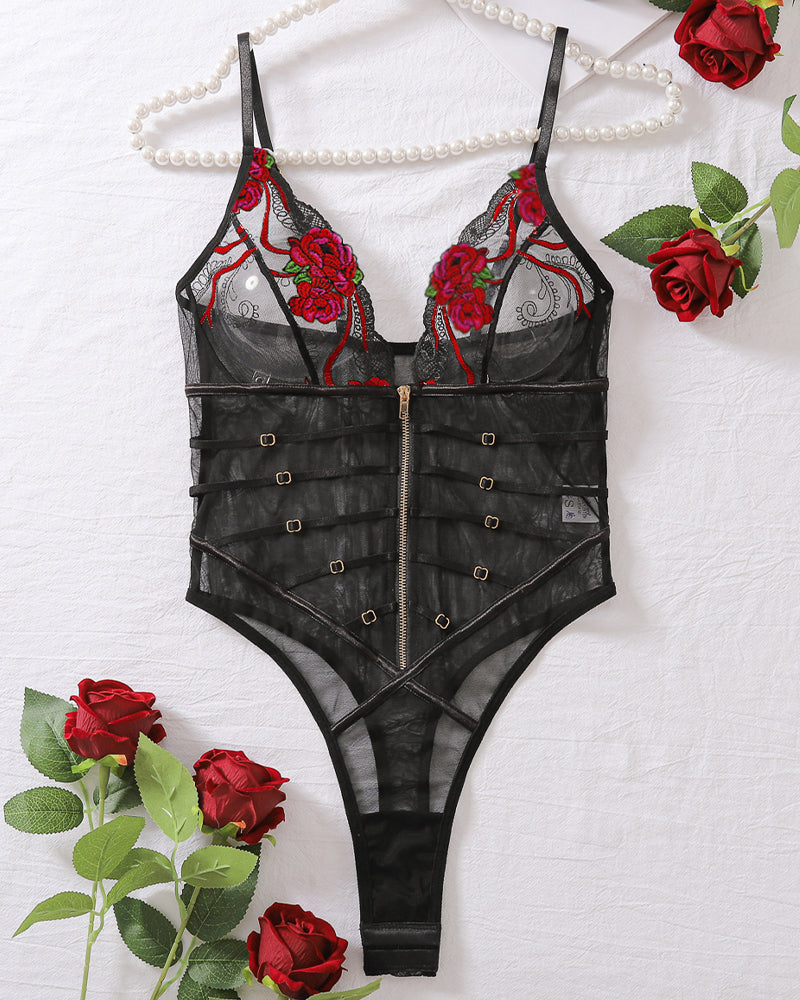 Red Floral Embroidered Mesh Bodysuit with High-Cut Leg-Bodysuit-Bellascena-bellascena