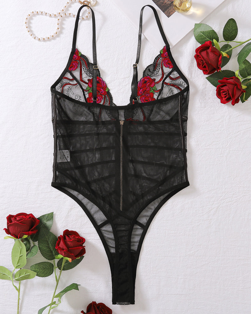 Red Floral Embroidered Mesh Bodysuit with High-Cut Leg-Bodysuit-Bellascena-bellascena