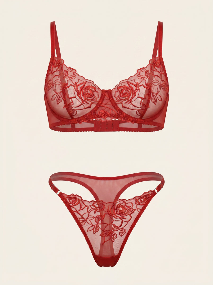 Red Floral Mesh Lingerie Set with Sheer Detail-Lingerie Set-Bellascena-S-S-Red-bellascena