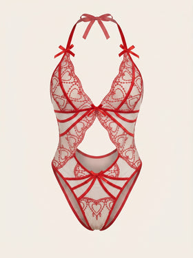Red Heart Lace Bodysuit with Strappy Cutout Design-Bodysuit-Bellascena-Red-S-bellascena