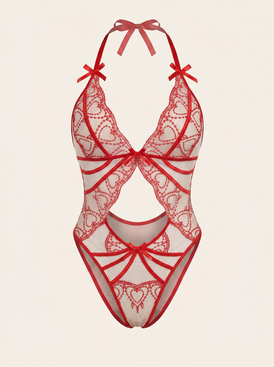 Red Heart Lace Bodysuit with Strappy Cutout Design-Bodysuit-Bellascena-Red-S-bellascena