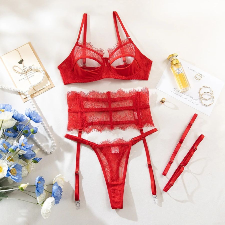 Red Lace Bodysuit with Strappy Detail-Bodysuit-Bellascena-bellascena