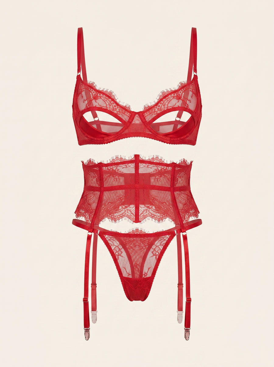 Red Lace Bodysuit with Strappy Detail-Bodysuit-Bellascena-S-Red-bellascena