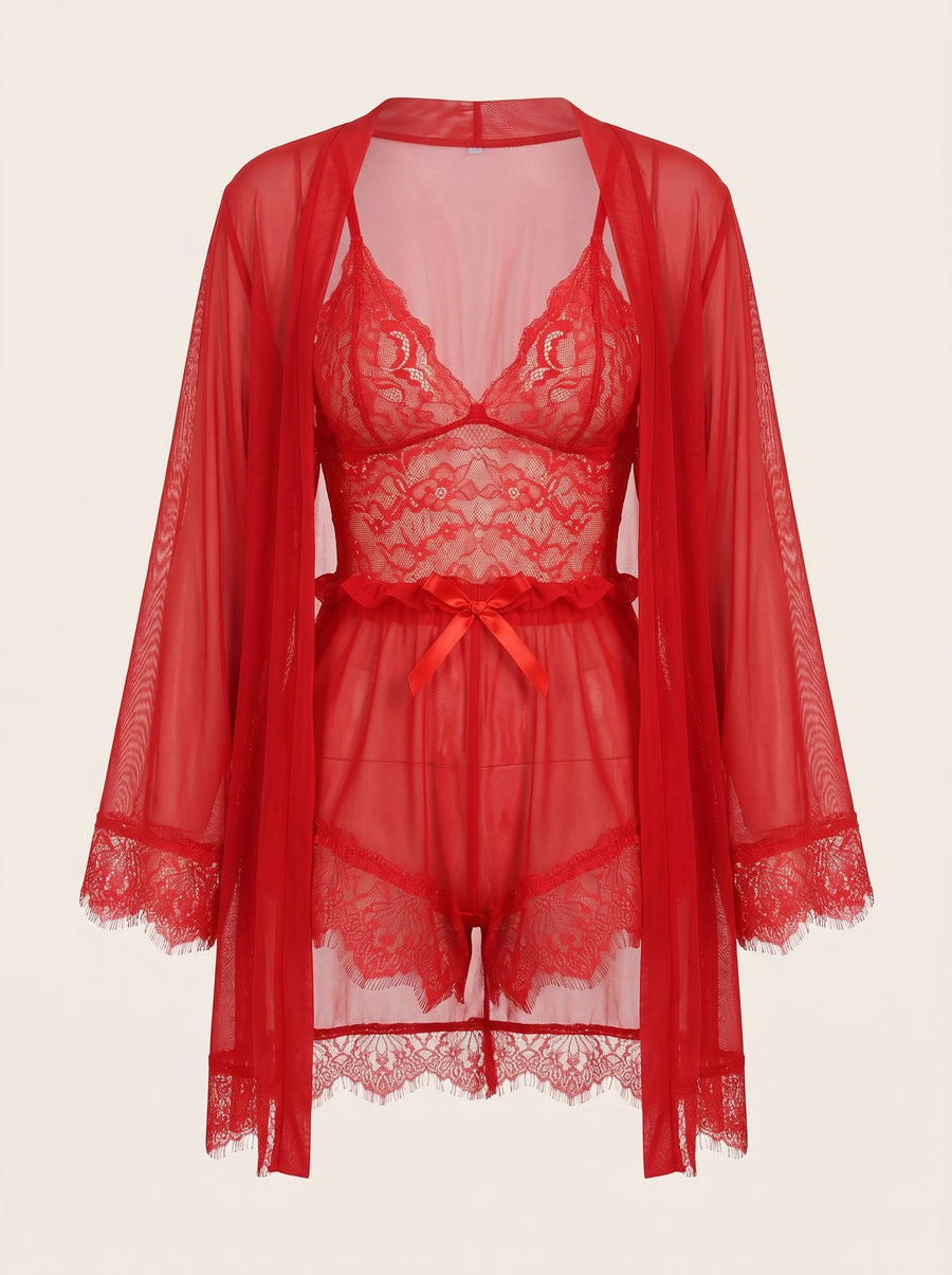 Red Lace Camisole Set with Scalloped Edges-Lingerie Set-Bellascena-Red-S-bellascena