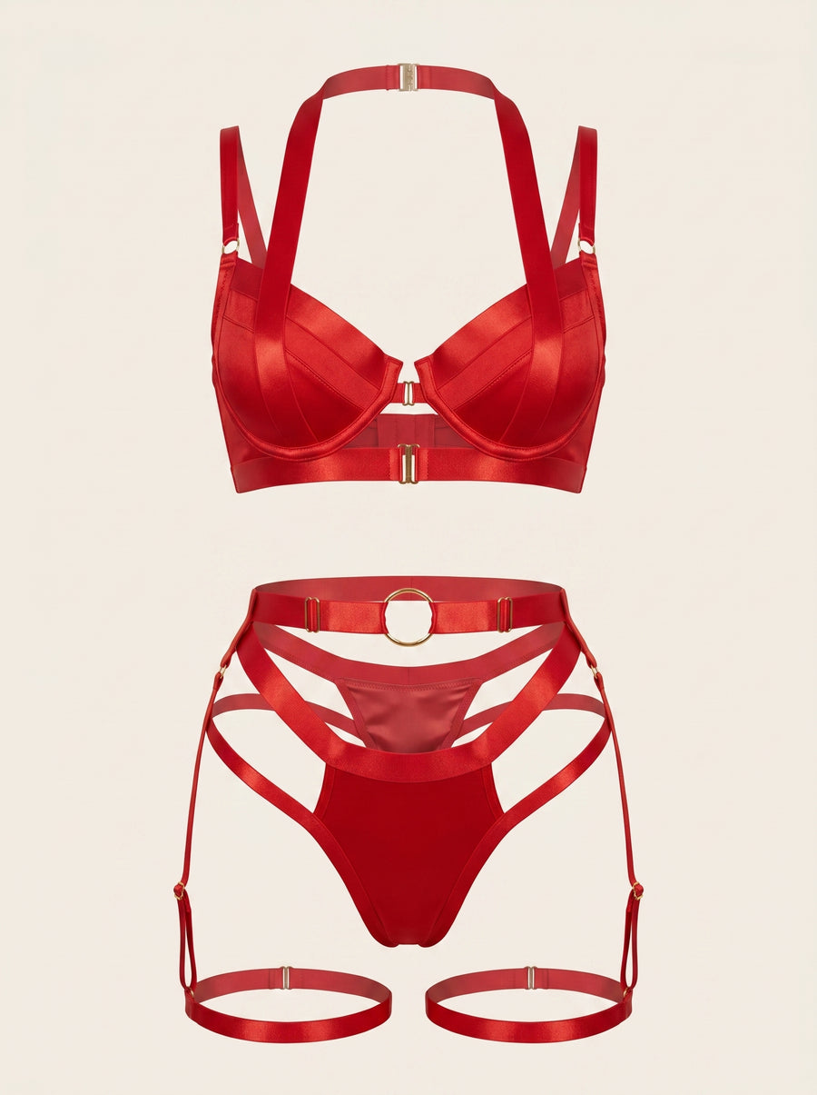 Red Lace Lingerie Set with Cutout Detail-Lingerie Set-Bellascena-Red-S-S-bellascena