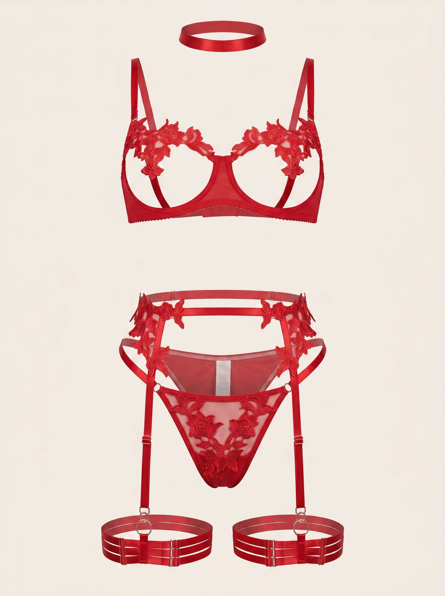 Red Lace Lingerie Set with Strappy Detailing-Lingerie Set-Bellascena-Red-S-S-bellascena