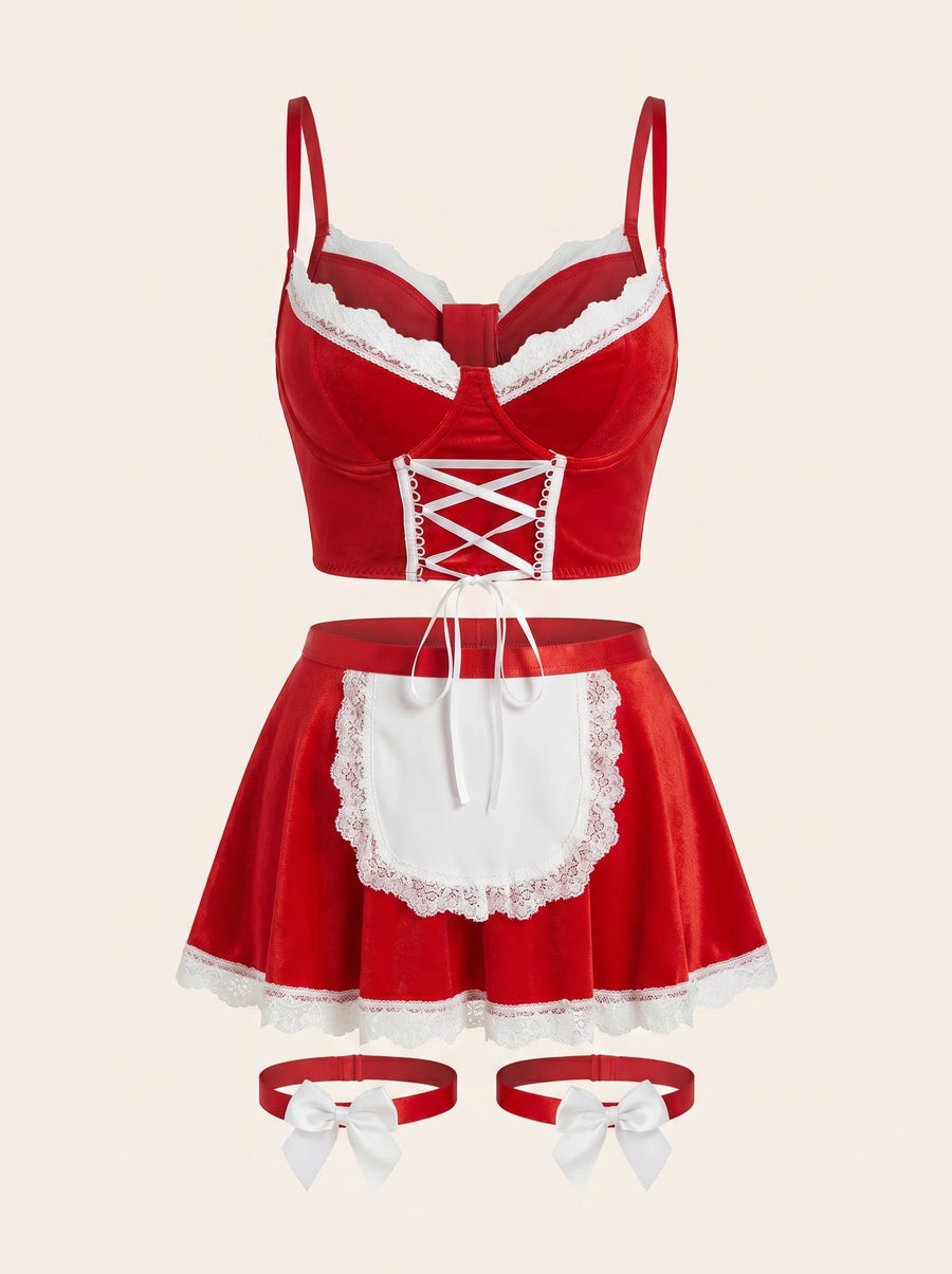 Red Satin Bodysuit with Strappy Corset-Style Lacing-Bodysuit-Bellascena-S-Red-bellascena