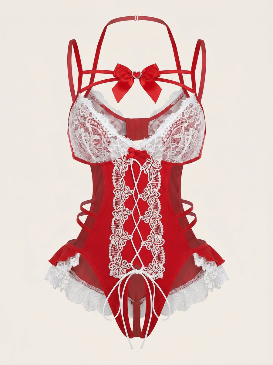 Red and White Lace Bodysuit with Ruffle Lace-up Detail-Bodysuit-Bellascena-bellascena